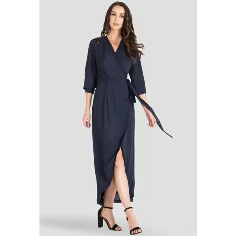 Standards & Practices - Elle Midnight Blue Tulip High Low Chiffon Wrap Dress siz